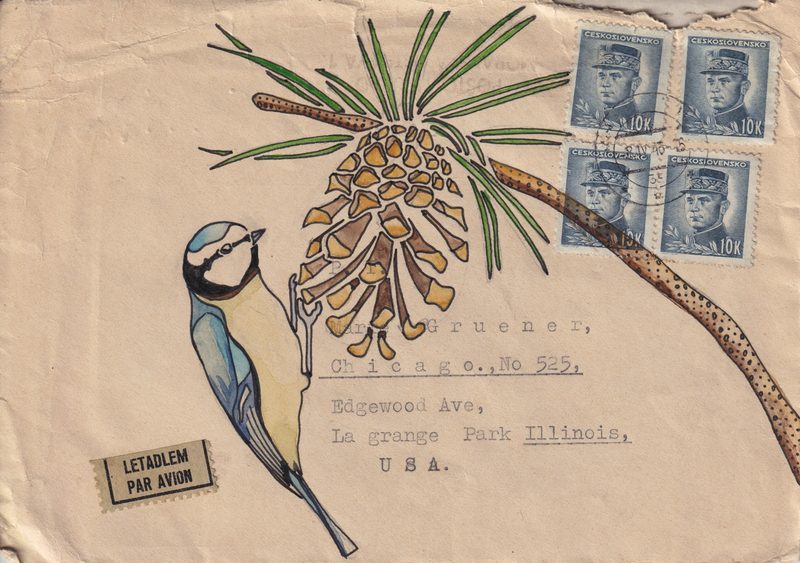 A blue tit and pine cone painted on a vintage airmail envelope