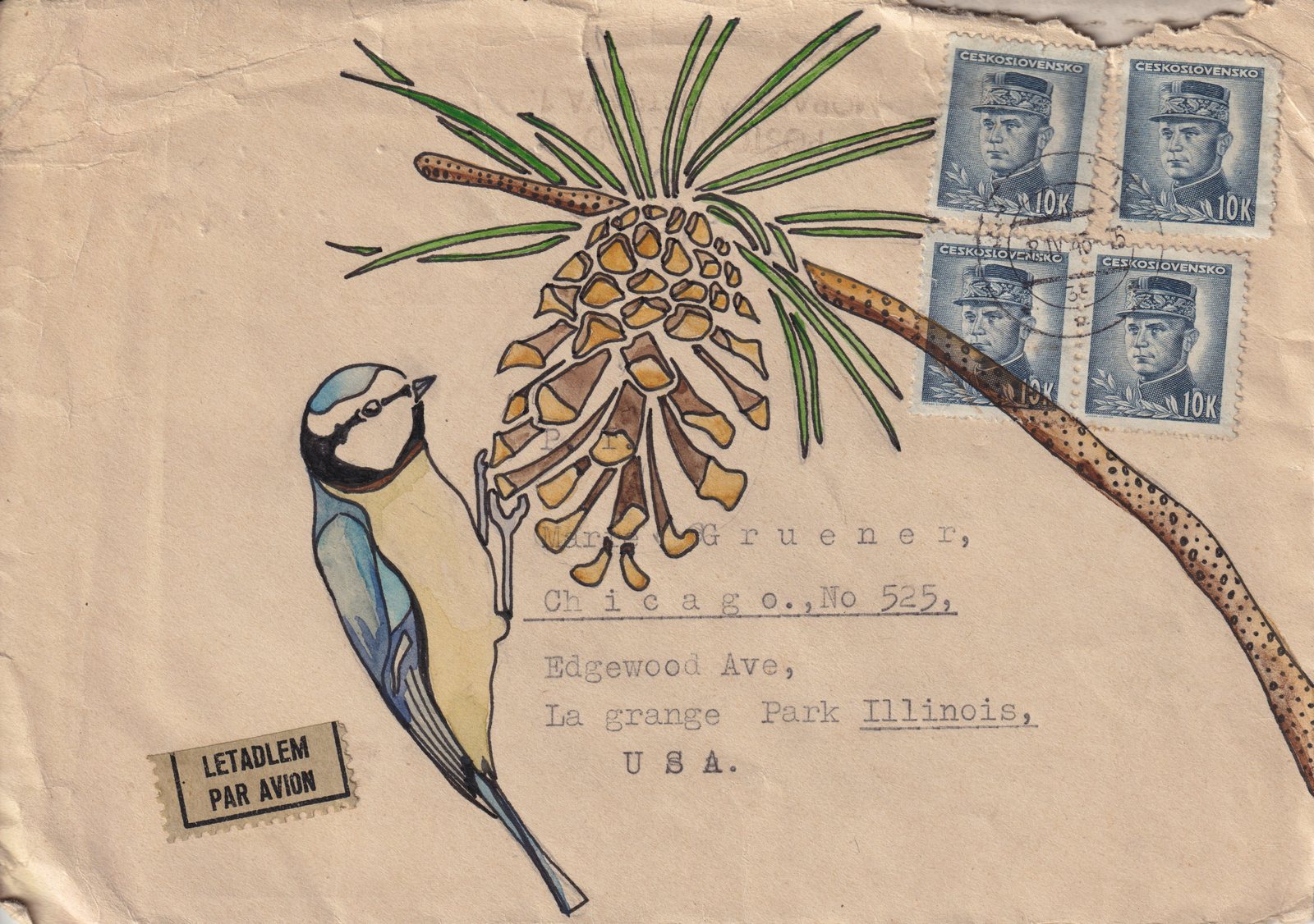 A blue tit and a pine cone painted over a vintage Czechoslovak airmail envelope with four blue stamps and a Par Avion label